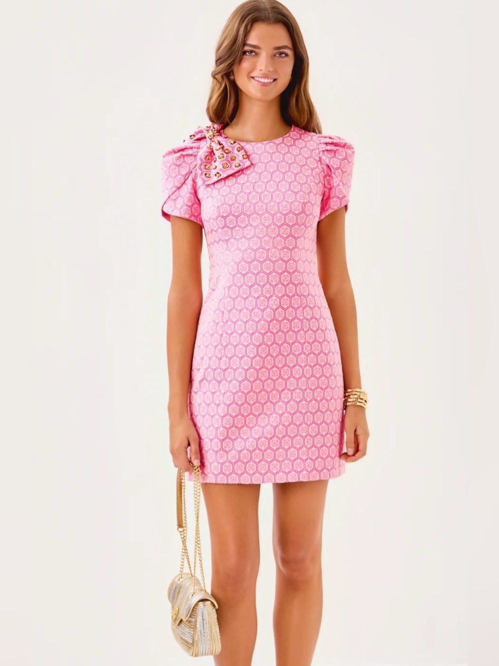 NWT Lilly Pulitzer Cartwright shift Pink Bow-Accent Short Sleeve Mini Dress 00